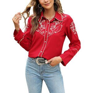 Women's Wine Cowgirl Long Sleeve Embroidered Button Up Dressy Blouses Shirts